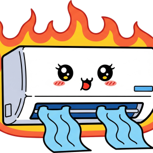 A humorous cartoon sticker of a white air conditioner unit with a happy, blushing face, surrounded by orange and red flames, while still blowing out blue cool air.