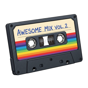 A cartoon sticker of a grey cassette tape with an orange and red label that reads "Awesome Mix Vol. 2" in blue handwriting.