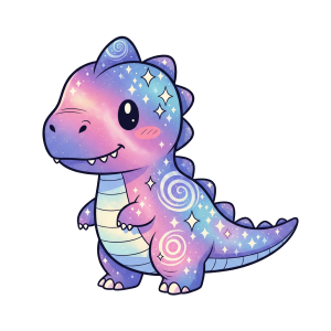 A cute cartoon sticker of a baby dinosaur with a galaxy-patterned skin in pink, purple, and blue, adorned with white stars and swirls.