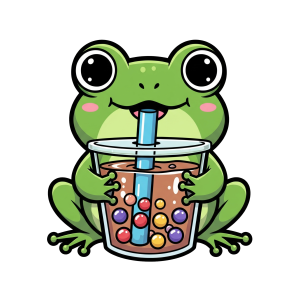 A cute cartoon sticker of a green frog with rosy cheeks holding and sipping from a clear cup of bubble tea with colorful boba pearls and a blue straw.