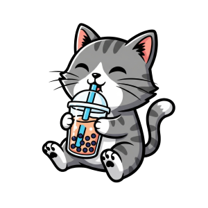 A cute cartoon sticker of a grey and white cat happily sitting and sipping from a clear cup of bubble tea with colorful boba pearls and a blue straw.