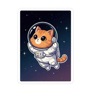 A cute cartoon sticker of an orange tabby cat wearing a white astronaut suit and helmet, floating in dark blue outer space with stars.
