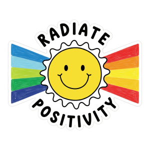 A circular sticker with a yellow smiley face sun in the center, flanked by radiating rainbow colored stripes. The words "RADIATE POSITIVITY" are written in black, wavy letters around the top and bottom of the sun.