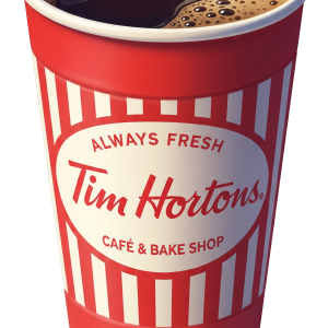 A vibrant sticker of a classic red and white striped Tim Hortons coffee cup filled with dark coffee, featuring the "Always Fresh Tim Hortons Café & Bake Shop" logo.