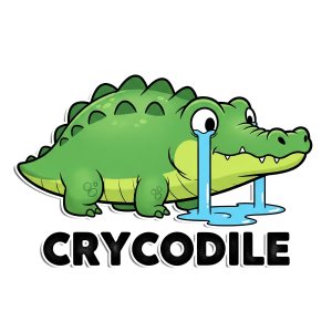 A cute green cartoon crocodile crying large blue tears, "Crycodile Tears" animal pun sticker, die-cut vinyl decal with white border.
