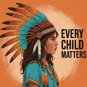 Illustration of a young Indigenous child in profile wearing a colorful feathered headdress, "Every Child Matters" orange circle background, awareness sticker for Orange Shirt Day in Canada.
